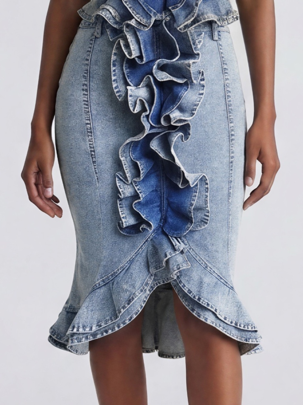 Cascadia Ruffle Column Denim Skirt